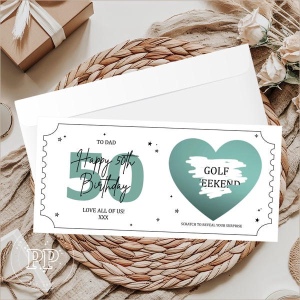 Personalised 50th Birthday Scratch Reveal Ticket, Surprise Birthday Card
