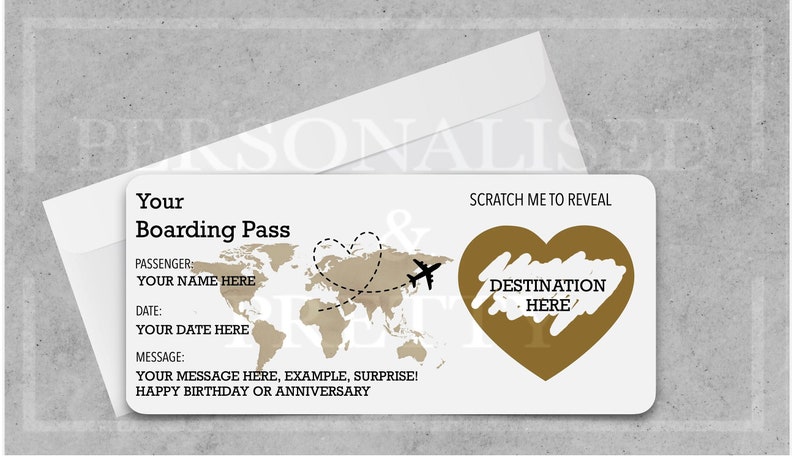 Carte d'embarquement personnalisée à gratter, Carte d'embarquement à gratter pour des vacances surprise, Billet surprise pour une destination de vacances, Cadeau pour les fêtes, Faux laissez-passer GOLD