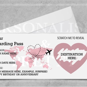 Carte d'embarquement personnalisée à gratter, Carte d'embarquement à gratter pour des vacances surprise, Billet surprise pour une destination de vacances, Cadeau pour les fêtes, Faux laissez-passer ROSE GOLD