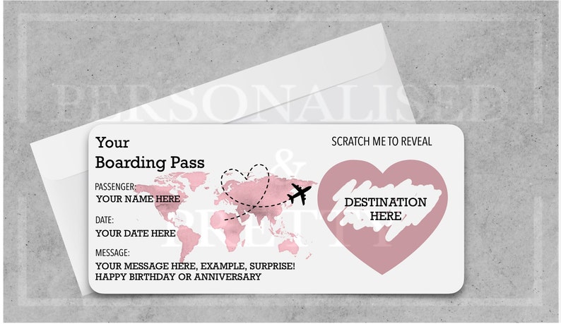 Carte d'embarquement personnalisée à gratter, Carte d'embarquement à gratter pour des vacances surprise, Billet surprise pour une destination de vacances, Cadeau pour les fêtes, Faux laissez-passer ROSE GOLD