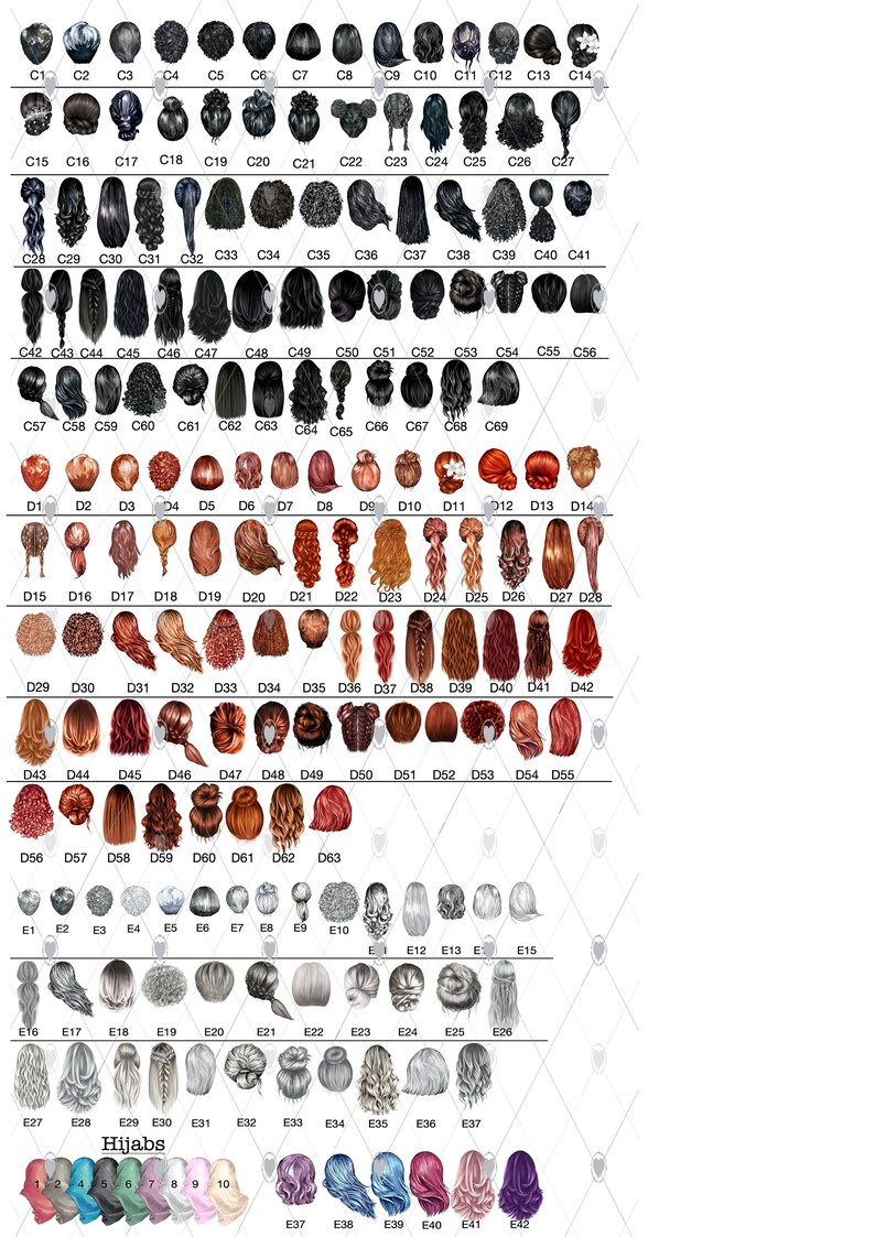 Puede incluir: Un cat&aacute;logo de varios peinados e hiyabs, presentado en formato de cuadr&iacute;cula. La imagen muestra una diversa selecci&oacute;n de dise&ntilde;os de cabello, incluyendo trenzas, mo&ntilde;os y mechones sueltos, junto con una gama de estilos de hiyab en diferentes colores.