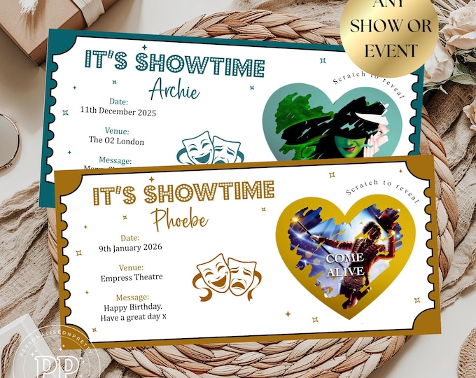 Personalised Theatre Ticket Scratch Reveal, Scratch Off Surprise Theatre Show, Birthday Musical Theatre Gift, Surprise Reveal For Musical