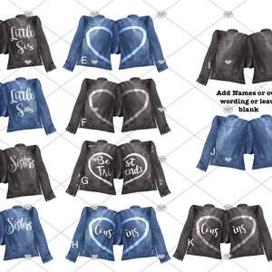 Puede incluir: Una colecci&oacute;n de chaquetas vaqueras y negras con varios dise&ntilde;os de texto y coraz&oacute;n. Algunas chaquetas dicen "Big Sis" y "Little Sis", mientras que otras dicen "Soul Sisters" o "Best Friends". Las chaquetas est&aacute;n dispuestas en pares.
