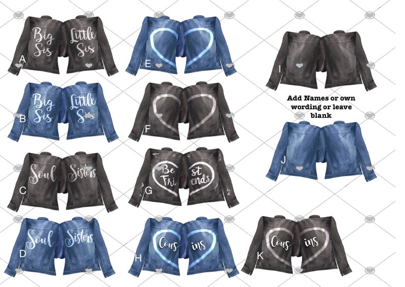 Puede incluir: Una colecci&oacute;n de chaquetas vaqueras y negras con varios dise&ntilde;os de texto y coraz&oacute;n. Algunas chaquetas dicen "Big Sis" y "Little Sis", mientras que otras dicen "Soul Sisters" o "Best Friends". Las chaquetas est&aacute;n dispuestas en pares.