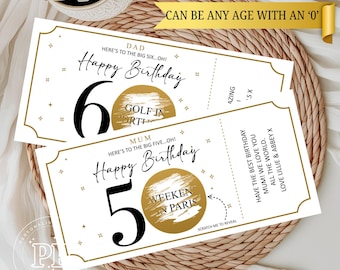 May include: Two white scratch-off cards with gold accents. The top card says "Dad Here's to the big six...oh! Happy Birthday 6" with a gold circle that says "Golf in Orth". The bottom card says "Mum Here's to the big five...oh! Happy Birthday 5" with a gold circle that says "Weekend in Paris".