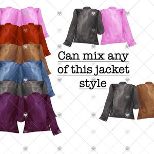 Puede incluir: Ilustraci&oacute;n en acuarela de chaquetas rosas, rojas, marrones, azules, grises y moradas. Las chaquetas est&aacute;n apiladas. El texto dice: "Can mix any of this jacket style."