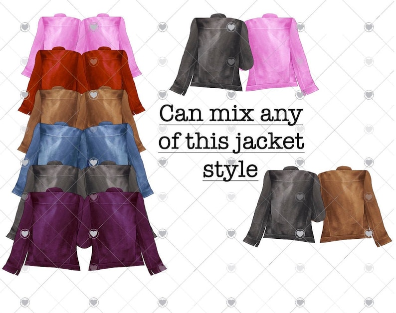Puede incluir: Ilustraci&oacute;n en acuarela de chaquetas rosas, rojas, marrones, azules, grises y moradas. Las chaquetas est&aacute;n apiladas. El texto dice: "Can mix any of this jacket style."