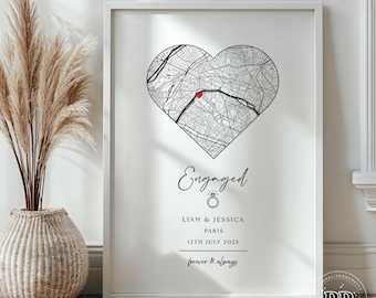 Personalised Couple Map, Engagement Gift, Heart Map Print, Map Poster, Engagement Map Location Print, Couples Gift