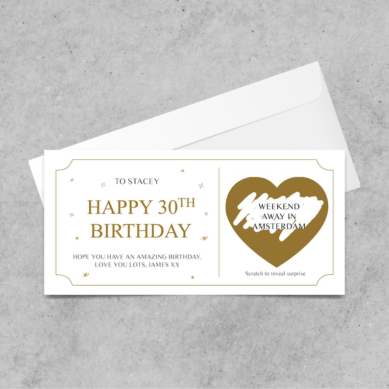 Rasca y gana de cumpleaños personalizado para revelar el cupón, tarjeta de rasca y gana sorpresa de cumpleaños especial, 18, 21, 30, 40, 50, 60, 70 cumpleaños GOLD