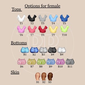 May include: An illustration of clothing options for customization. The image displays various tops and bottoms in different colors and styles, including denim shorts and striped shorts. Skin tone options are also shown.