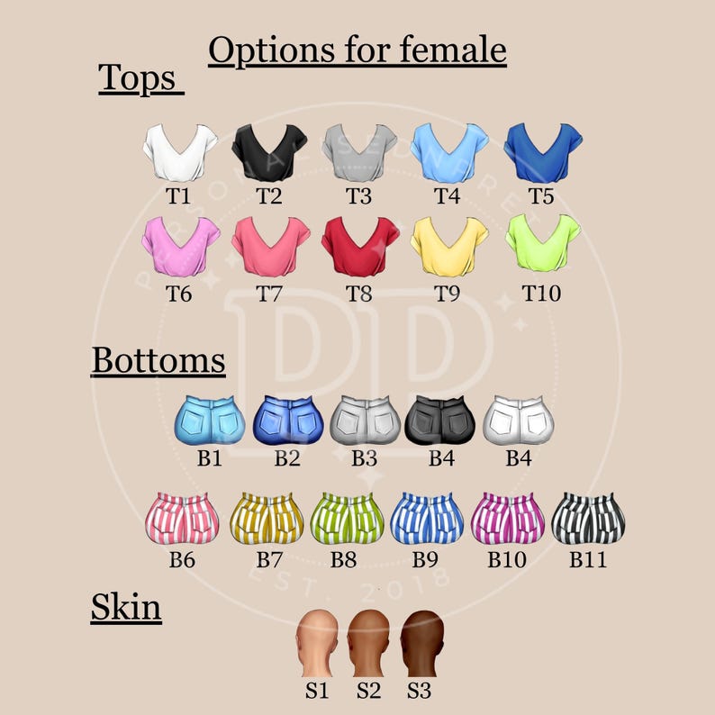 May include: An illustration of clothing options for customization. The image displays various tops and bottoms in different colors and styles, including denim shorts and striped shorts. Skin tone options are also shown.