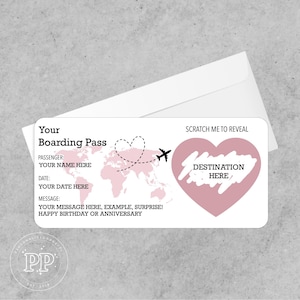 May include: A white boarding pass with a pink world map, airplane, and heart design. Text includes "Your Boarding Pass", "Passenger: Your Name Here", "Date: Your Date Here", "Message: Your Message Here, Example, Surprise! Happy Birthday or Anniversary".