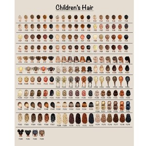 Puede incluir: Un gr&aacute;fico titulado "Children's Hair" muestra varios peinados y colores de cabello, etiquetados con c&oacute;digos de F1 a F183. La imagen presenta una amplia gama de opciones, incluyendo trenzas, colas de caballo y diferentes longitudes y texturas de cabello.