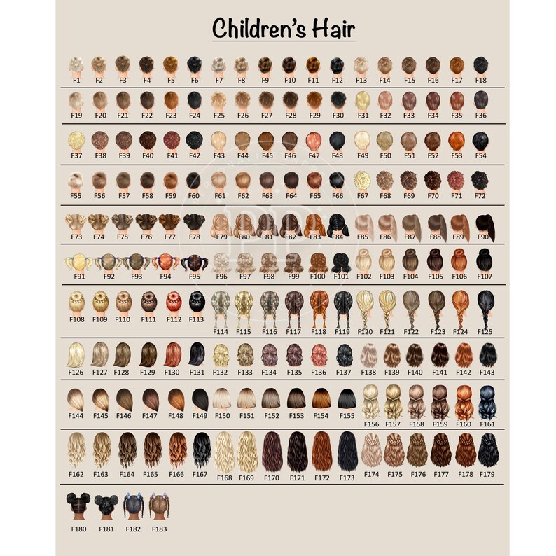 Puede incluir: Un gr&aacute;fico titulado "Children's Hair" muestra varios peinados y colores de cabello, etiquetados con c&oacute;digos de F1 a F183. La imagen presenta una amplia gama de opciones, incluyendo trenzas, colas de caballo y diferentes longitudes y texturas de cabello.