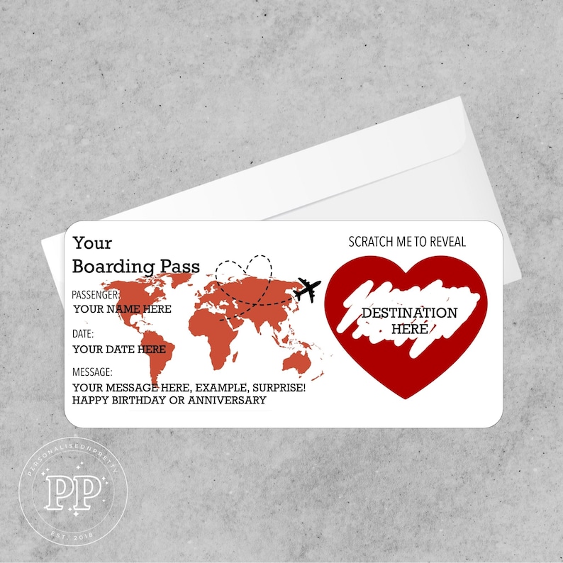 May include: A white boarding pass with a red world map design, airplane, and heart. Text includes "Your Boarding Pass", "Scratch Me to Reveal", and prompts for passenger name, date, and message. Includes a white envelope.