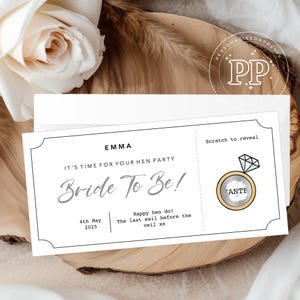 Boleto sorpresa para raspar en despedida de soltera, futura novia, fiesta nupcial, invitación a la despedida de soltera, destino sorpresa para la despedida de soltera, boleto sorpresa, despedida de soltera