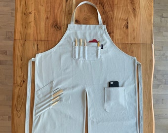 Pottery Apron with Split Leg and Pockets for Pottery Tools. Perfect for Working with Clay made with Canvas Material in Light Grey.