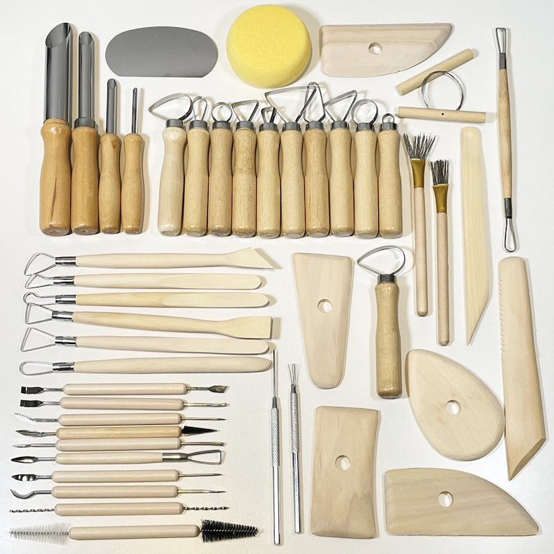 May include: A set of 30 pottery tools, including sculpting tools, smoothing tools, and shaping tools. The tools are made of wood and metal and come in a variety of shapes and sizes. The set also includes a sponge, a wooden paddle, and a wire brush.