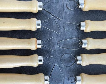 Set of 10 Wood Loop Tools with Stainless Steel Flat Wire. Trimming Tools for Pottery, Ceramics, and Clay.