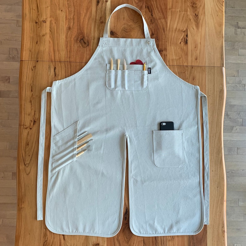 Pottery Apron with Split Leg and Pockets for Pottery Tools. Perfect for Working with Clay made with Canvas Material in Light Grey. image 1