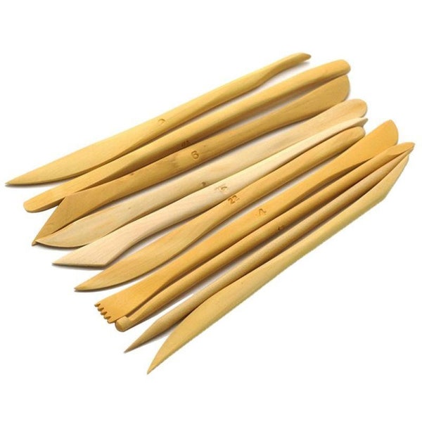 Set of 10 Wood Clay Sculpting Tools. Doube-Ended Shaping Tools for Pottery, Ceramics, and Clay.