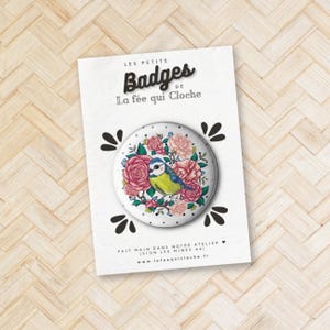 Badge &quot;Mésange bleue&quot;, 32mm, papier recyclé, badge illustré.