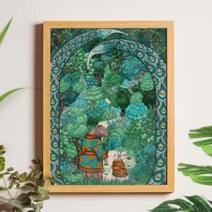 Póster A4, "Paseo por el bosque", papel reciclado, ilustración, impresión numerada y firmada (se vende sin marco).