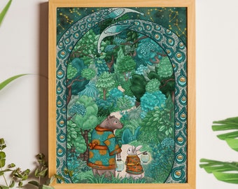 Affiche A4, "Balade en forêt", papier recyclé, illustration, impression numérotée et signée (vendu sans cadre).