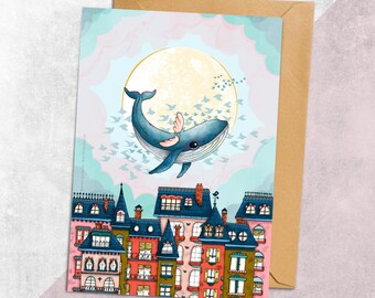 Postkarte, "Flying Whale", Recyclingpapier, illustriertes Briefpapier, A6.