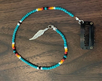 Beaded Hair Extension Clip In: Southwestern Turquoise Feather Charm