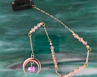 Rose Crystal Beaded Hair Pin: Gold Chain, Moon Heart Clip