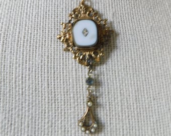 Art Deco Style, Stacking Necklace Pendant, Marbleized Diamond Stone, Openwork Gold Frame, Grey Crystal, Seed Pearl Drop, Vintage, Handmade