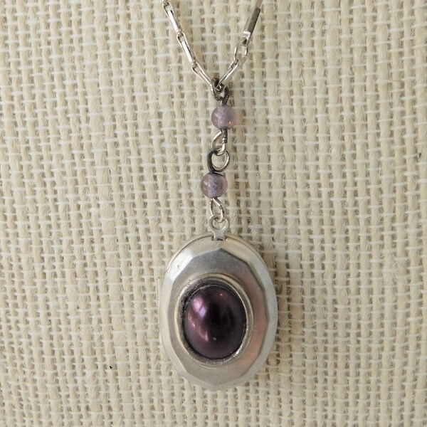 Small Silver Oval Locket, Wine Center Pearl Stone and Light Amethyst Drop Beads on Silver Link Chain, Vintage, Handmade, One of a Kind