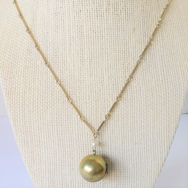 Vintage Gold Ball-Shaped Unique Locket, Girls, Women Gift, Pearl Drop Bead, Tube Link Chain, Two Photos, One of a Kind, Handmade Solid Brass