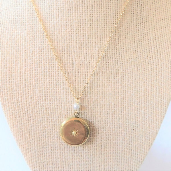 Small Gold Round Vintage Locket, Seed Pearl Center Stone, Two Photo, Fine Gold Chain, Pearl Drop Bead, One of a Kind, Solid Brass Great Gift