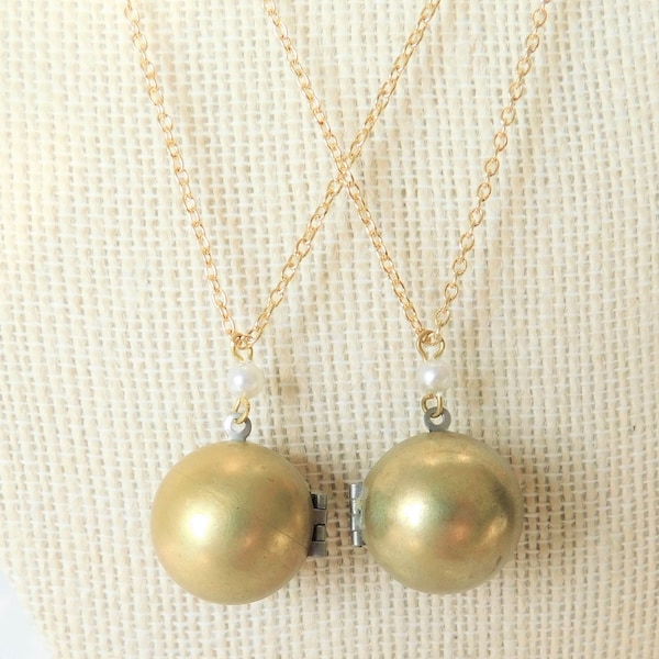TWO BESTIES FOREVER! For Two-of-a-Kind, Gold Vintage Ball Lockets on Simple Chains, Girl Gifts, Pearl Drops, Handmade, One of a Kind, Brass