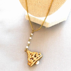 Victorian Style Openwork Pocket Watch Fob Charm Necklace, Pendant, Vintage, Bezeled Pearl, Four Pearl Y, Fine Gold Plated Chain, Solid Brass