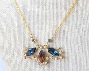 Dark Topaz & Sapphire Marquise Crystal Stone Choker/Necklace With Seed Pearls, Crystals, Fine Gold Chain, Vintage, One of a Kind, Handmade