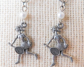 BESTIES FOREVER! Pair of Silver Tennis Player Sports Charm Necklaces, Silver Chains, Pearl Drops, Two-of-a-Kind, Vintage, Handmade, Silver