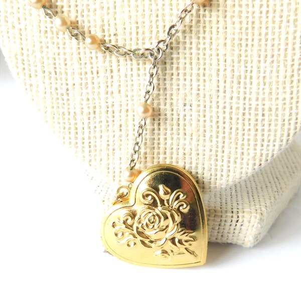 Gold Embossed Vintage Heart Locket, Best Selling Necklace, Long 'Y' Pastel Pearl Bead Gold Link Chain, Solid Brass, One of a Kind, Handmade