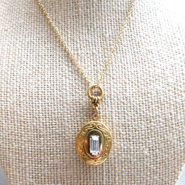 Small Gold Oval Vintage Etched Locket, Two Photo, Special Girl Gift,  Crystal Rectangular Stone Large Gold Ring, Fine Gold Chain Solid Brass