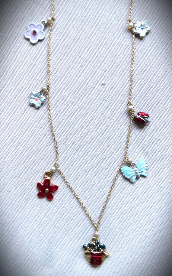 Vintage Enamel Summer Charm Necklace, Flower Charms, Pearls, Gold Chain View 3