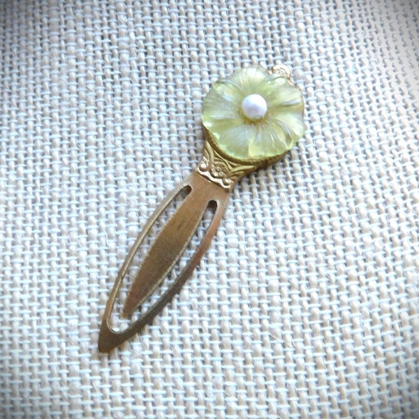 Yellow Vintage Spring Flower Bookmark, Resin, Pearl Stone, Mother's Day, Reader Gift, Book Club, Girl or Teen Gift Solid Brass One of a Kind