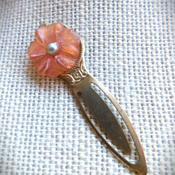 Orange Flower Springy Bookmark, Vintage, Resin, Pearl Stone, Mother's Day, Reader Gift, Book Club, Girl Teen Gift, Solid Brass One of a Kind