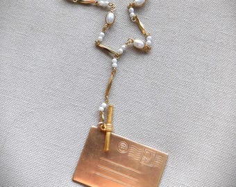 Vintage Gold Love Letter Envelope, Toggle Bar, Oval Pearl Link Chain