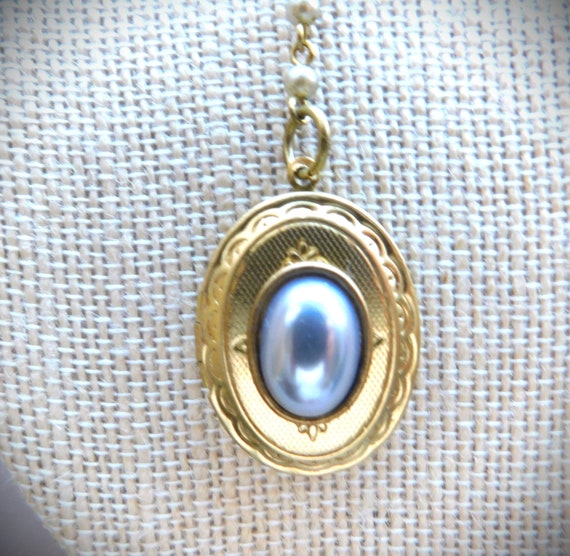 Vintage Oval Locket, Center Grey Bezeled Pearl, E… - image 3