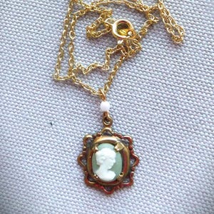 Vintage Small Green Cameo, Necklace Pendant, Pearl Bead, Gold Filled Chain, One of a Kind