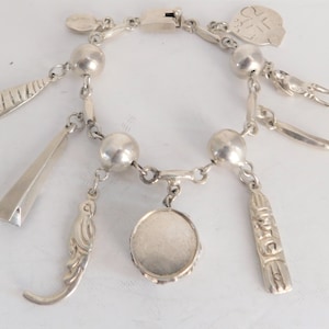 Fabulous 925 Heavy Sterling Silver Mexican Vintage Charm Bracelet, Romantic Spring, Nine Unique One of a Kind Charms, Ball Chain