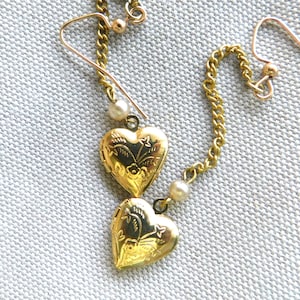 Small Heart Locket Long Earrings, GREAT GIFT Vintage, Four Photos, Fine Chains, Pearl Beads, Gold Wires, Solid Brass One of a Kind, Handmade