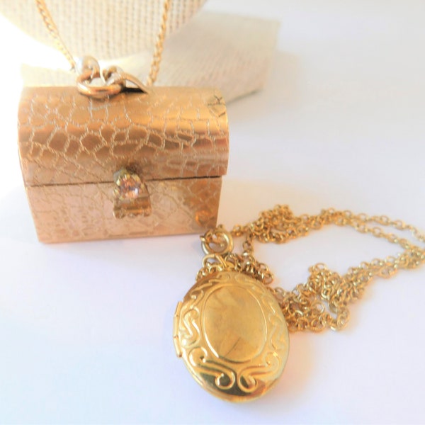 Vintage Gold Treasure Chest Necklace with Peach Crystal on Pearl Link Chain, Oval Locket Inside On Chain, One of a Kind, Handmade, Brass